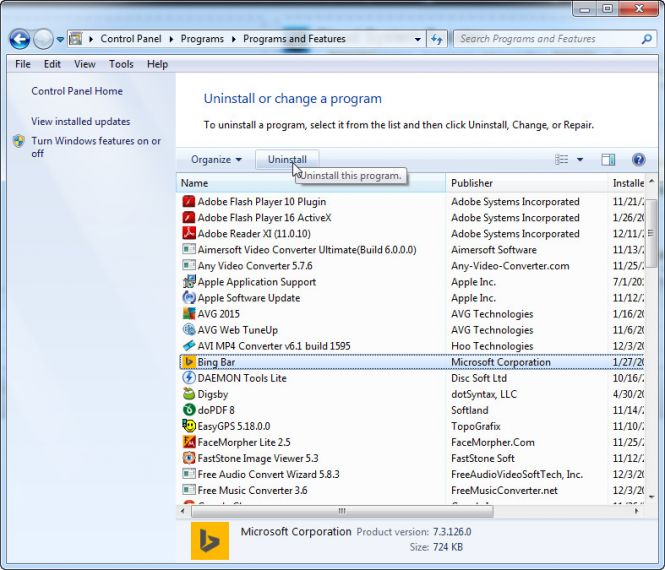 Uninstall a program Window