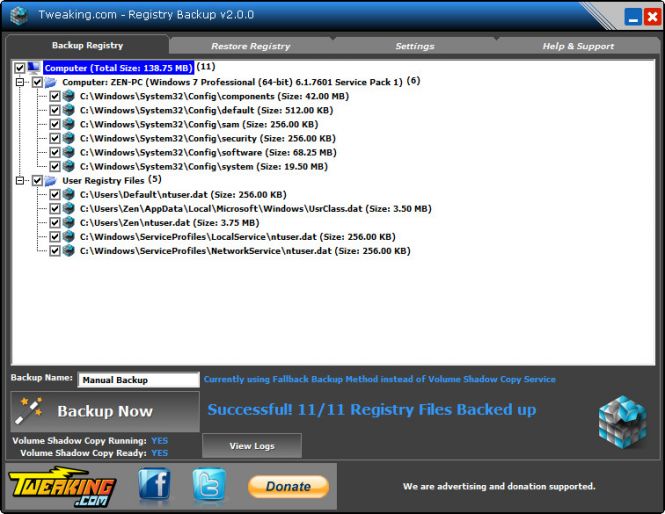Registry Backup Main Window