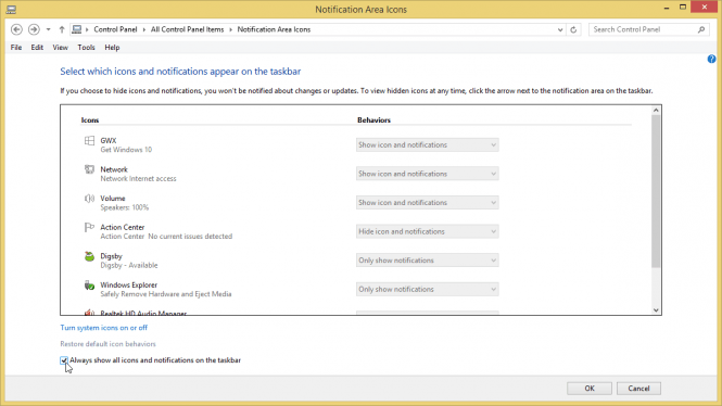 Display all icons on the taskbar