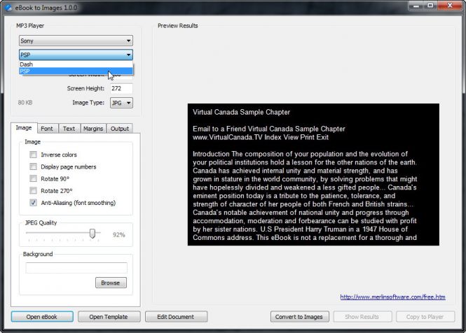 eBook to Images -menu