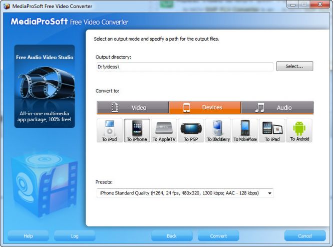 MediaProSoft Free Video Converter - device selecting