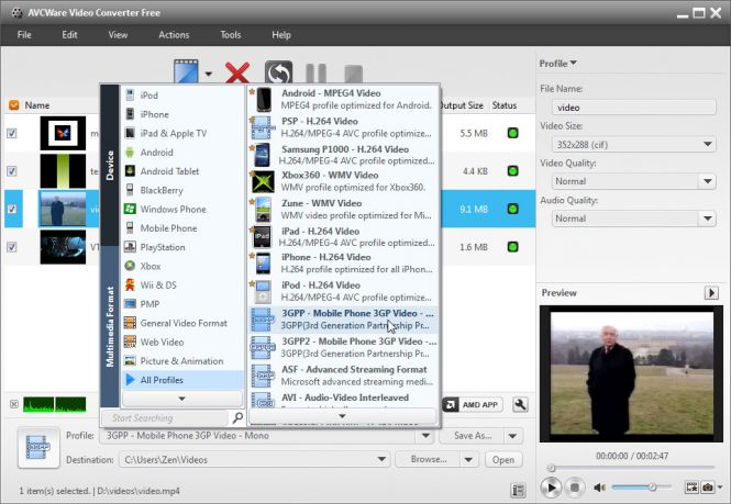 Select 3GP as the output format